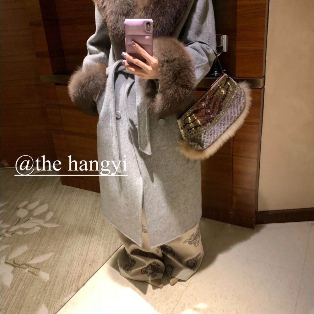 Gray Wool Coat with Brown Fur Trim - Picture 3 of 6